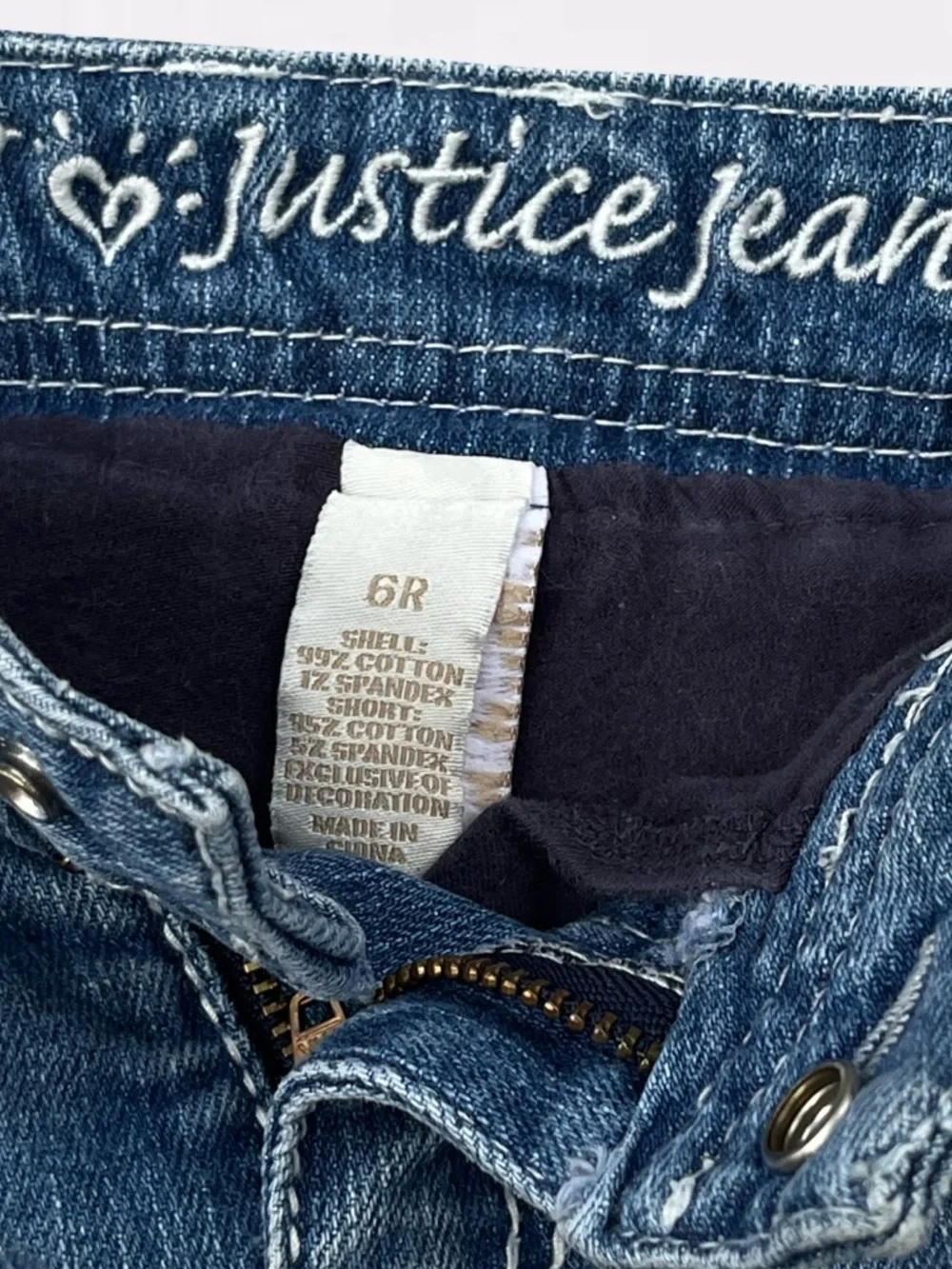 Justice Girls Distressed Denim Mini Skirt Size 6R Frayed Hem Embroidered Heart